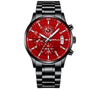 CRRJU Men's Business Watch, Stainless Steel, Waterproof Chronograph with Calendar, Stainless Steel Strap, Stopwatch, Analogue Quartz Watch, Black Black Red, Sports