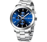 CRRJU Men's Chronograph Watch Stainless Steel Band Men's Watches Waterproof Wristwatch Business Black Stopwatch with Date Analogue Quartz Watches, Silver Blue, Classic