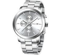 CRRJU Men's Chronograph Watch Stainless Steel Band Men's Watches Waterproof Wristwatch Business Black Stopwatch with Date Analogue Quartz Watches, Silver / white, Classic