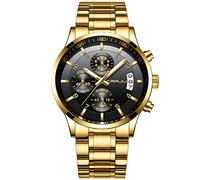 CRRJU Men's Fashion Chronograph Sport Wristwatches, Casual Business Stainless Steel Band Waterproof Watch (Black Gold)
