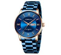 CRRJU Men's Stainless Steel Band Analogue Waterproof Business Black Stopwatch Classic Quartz Watch with Calendar, blue, Bracelet