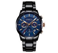 CRRJU Men's Stainless Steel Watches Big Blue Face Luxury Business Chronograph Quartz Waterproof Wristwatch