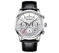 CRRJU Men's Watch Black Leather Strap Chronograph Men's Watch, silver black, Classic