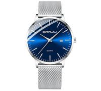 CRRJU Men's Watch Ultra Thin Waterproof Watch Men's Fashion with Black Stainless Steel Strap Mesh Analogue Quartz Business Men's Watches, Silver Blue, Minimalist