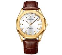 CRRJU Men's Watches Waterproof Watch Men's Black Leather Strap Analogue Quartz Luxury Business Men's Watch, Gold white, Classic