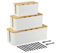 CRROEL Cable Tidy Box, Set of 3 cable management box for Cable and Cord Management, Cable organisers with Bamboo Lid for Hiding Messy Cables Wire Management - white