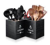 CRROEL Extra Large Kitchen Utensils Holder with 3 Compartments and Drainage Bottom,Corner Utensil Caddy for countertop,Wooden Utensil Organizer for Kitchen Countertop, Farmhouse kitchen Decor- Black