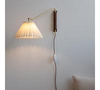 CRRONG Swing Arm Plug in Wall Reading Lights for Bedroom Wood Farmhouse Wall Sconce with Pleated Fabric Shade Adjustable Long Arm Nordic Modern Wall Mounted Lamp for Bedroom Bedside Living Room
