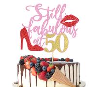 Crseniny Still Fabulous at 50 Cake Topper,Stepping Into 50,Happy 50th Birthday Cake Topper,Queen High heels Big Red lips Cake Topper,Women 50th Birthday Party Cake Decorations Pink