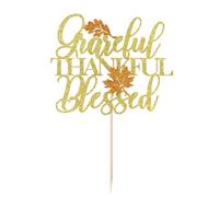 Crseniny Thankful Grateful Blessed Cake Topper,Thanksgiving Cake Decor,Give Thanks, Happy Friends Giving,Glitter Maple Leaf Pumpkin Fall Theme Cake Picks,Thanksgiving Day Birthday Party Decorations