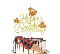 Crseniny Thanksgiving Happy Birthday Cake Topper，Autumn Fall Harvest Maple Leaves Pumpkin Turkey Birthday Themed Baby Shower, Holiday Friends Party Thanksgiving Day Decorations Gold Glitter