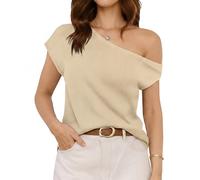 Crsiphee Women Off The Shoulder Top Summer Ribbed Knit Shirts Casual Loose Fit Short Sleeve Tee Trendy Sexy Going Out and Vacation Tops Khaki XXL