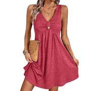 Crsiphee Women Sexy Ruched Mini Dress Sleeveless V Neck Ruffle Dresses A Line Button Front Summer Sundress for Date Night Vacation and Going Out 2026 Pink XXL