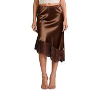 Crsiphee Women Summer Skirt Satin Slip Midi Skirts with Lace Trim A-Line Asymmetrical Skirts Flowy Silky Long Skirt for Going Out Brown S