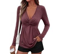 Crsiphee Women Twist Front Tops V Neck Long Sleeve Peplum Blouse Fall Outfits Empire Waist Knot Front Tunic Shirts for Going Out Date Night