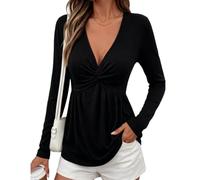 Crsiphee Women Twist Front Tops V Neck Long Sleeve Peplum Blouse Fall Outfits Empire Waist Knot Front Tunic Shirts for Going Out Date Night