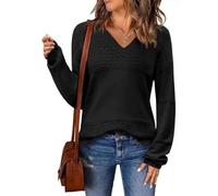 Crsiphee Womens V Neck Sweater Lightweight Crochet Pullover Casual Long Sleeve Jumper Ribbed Knit Fall Tops Cozy Cable Knit Tunic for Autumn and Winter Black M