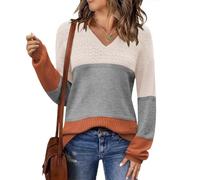 Crsiphee Womens V Neck Sweater Lightweight Crochet Pullover Casual Long Sleeve Jumper Ribbed Knit Fall Tops Cozy Cable Knit Tunic for Autumn and Winter Grey M