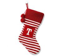 CRSMHLPK 20 Inches Initial Christmas Stocking Monogram Striped Christmas Stocking red Green with White Embroidered Letter Christmas decorations-01-T-Red