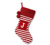 CRSMHLPK 20 Inches Initial Christmas Stocking Monogram Striped Christmas Stocking red Green with White Embroidered Letter Christmas decorations-01-J-Red