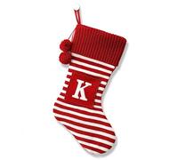 CRSMHLPK 20 Inches Initial Christmas Stocking Monogram Striped Christmas Stocking red Green with White Embroidered Letter Christmas decorations-01-K-Red