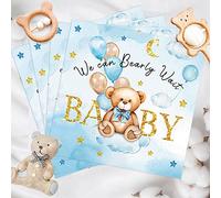 Crtiin 100 Pcs We Can Bearly Wait Baby Shower Napkins, Baby Shower Decorations for Boy, Bear Favors Napkins Cocktail Dessert Disposable Napkin Paper for Gender Reveal Party Supplies (Blue Gold)