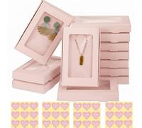 Crtiin 30 Pcs Jewelry Packaging Boxes 5.4"x3.4"x0.7" Paper Necklace Gift Box with Clear Window 30 Display Card 36 Sticker for Displaying Necklaces Rings Bracelets Earrings (Pink)