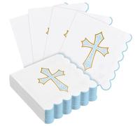 Crtiin 50 Pack Blue Cross Pattern Paper Napkins 3 Ply 5 x 5 in Baptism Disposable Cocktail Napkins with Scalloped Edges for Christening Religious, First Communion, Newborn Baby Shower Party Supplies