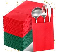 Crtiin 50 Pcs Christmas Linen Dinner Napkins with Built in Flatware Pocket Disposable Airlaid Paper Napkins Bulk Pre Folded for Guest Kitchen Party Bathroom or Event (Red,Green)