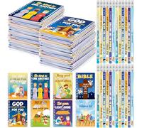 Crtiin Easter 48 Pcs Include 24 Bible Verse Notepad 24 Pencils Kids Christian Church Gifts Students Classroom Award Religious Notebook Bible Pencils Prayer Pocket School(Colorful Jesus Story,Mix Sky)