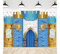 CRTPOD Medieval Castle Backdrop Blue Gold Royal Prince Knight Wall Background Photography Banner for Baby Boy Birthday Medieval Themed Party Decorations Wallpaper Photo Photobooth Props 5x3ft