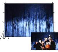 CRTPOD Misty Forest Backdrop for Halloween Eve Gothic Party Spooky Foggy Night Dark Blue Magic Midnight Theme Woods Trees Background Photography Studio Photo Booth Props 7x5ft