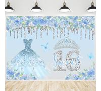 CRTPOD Sweet 16 Happy Birthday Decorations Backdrop Blue Flowers Glitter Gowns Diamond Crown Birthday Photography Background for Girls Sixteen Birthday Party Banner Photo Photobooth Props 7x5ft