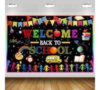 CRTPOD Welcome Back to School Backdrop Rainbow Pennant Garland Banner Colorful Chalk Text Children Silhouette Classroom Decoration Photography Background Prop 10x8ft
