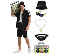 Crubelon 80s 90s Hip Hop Costume Set for Men, Rapper Tracksuit Outfit with Accessories, Retro Street Dance Party Fancy Dress, Stand Collar Jogging Suit (Schwarz, XL)