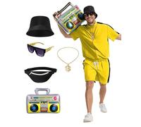 Crubelon 80s 90s Hip Hop Costume Set for Men, Rapper Tracksuit Outfit with Accessories, Retro Street Dance Party Fancy Dress, Stand Collar Jogging Suit (Gelb, S)
