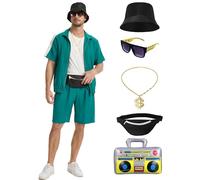 Crubelon 80s 90s Hip Hop Costume Set for Men, Rapper Tracksuit Outfit with Accessories, Retro Street Dance Party Fancy Dress, Stand Collar Jogging Suit (Grün, S)