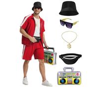 Crubelon 80s 90s Hip Hop Costume Set for Men, Rapper Tracksuit Outfit with Accessories, Retro Street Dance Party Fancy Dress, Stand Collar Jogging Suit (Rot, S)