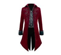 Crubelon Mens Steampunk Tailcoat Jacket Gothic Medieval Victorian Frock Coat, Red, 3XL