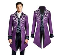 Crubelon Men's Steampunk Tailcoat - Vintage Victorian Gothic Coat with Embroidery - Elegant Medieval Vampire & Pirate Cosplay Costume for Halloween, Carnival, and Parties(Purple, XXXL)