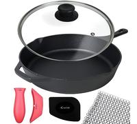 Crucible Cookware 12-Inch Cast Iron Skillet Set (Pre-Seasoned), Including Large & Assist Silicone Hot Handle Holders, Glass Lid, Cast Iron Cleaner Chainmail Scrubber, Scraper