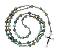 Crucifix Rosary Beads Necklace For Men Women Hematite Beads Chain Natural Gemstone Cross Rosary Necklace For Prayer Meditation Boho Jewelry Gifts African Turquoise