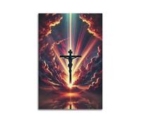 Crucifixion Amidst Colorful Clouds And Light Rays Wall Art, Majestic Religious Decor For Home And Prayer Room Artistic Wall Mural Modern Hanging Decor Poster08x12inch(20x30cm)