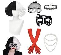 Cruella Costume Women, Halloween Costume Women, 70s Accessories, Short Black White Cosplay Wigs with Fringe, Women's Lace Mask, Gloves Necklace Set, for Carnival, Fancy Dress, Theme Party