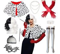 Cruella Costume Women's 9 Pieces Black White Wig Halloween Women's Cruella Deville Costume Accessory Set, White Black Polka Dot Scarf Wig Cap Net Stockings Lace Mask for Carnival Theme Party