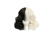 CRUELLA de Vil Cosplay Wig Short Curly Black White Ms. Spot Hair Deville Dalmations Heat Resistant Cosplay Wigs + Wig Cap