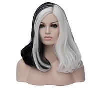 CRUELLA de Vil White & Black Wig for Deville Hair Heat Resistant Cosplay Costume Wigs + Wig Cap