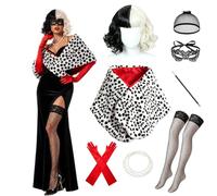 Cruella Deville Costume Adult, 7 Pcs Womens Halloween Outfits Accessories | Cruella Deville Accessories Set, with Black White Wig, Shawl, Necklace, Gloves, Ladies Halloween Costumes, World Book Day