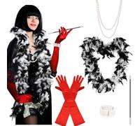 Cruella Deville Costume for Women - Evil Dog Lady Dalmatian Cosplay - Black & White Feather Boa, Long Red Gloves for Halloween