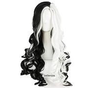 CRUELLA Deville De Vil Cosplay Wigs 75cm Long Curly Half White Half Black Heat Resistant Synthetic Hair Wig + Wig Cap